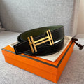 DOUBLE H REVERSIBLE BELT 32MM GOLD BUCKLE BLACK DARK GREEN LEATHER