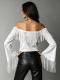 Full Size Fringed Off-Shoulder Flare Sleeve Top Plus Size