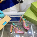 GG HIGH HEEL SANDAL HOT PINK AND JADE GREEN LAMBSKIN