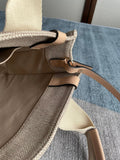 SMALL STRAP WOODY TOTE BAG 26.5 IN BEIGE LINEN CANVAS BLACK WEBBING LOGO EMBROIDER NUDE CALFSKIN