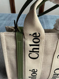 SMALL STRAP WOODY TOTE BAG 26.5 IN BEIGE LINEN CANVAS BLACK WEBBING LOGO EMBROIDER GREEN CALFSKIN