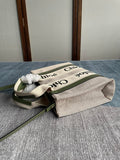 SMALL STRAP WOODY TOTE BAG 26.5 IN BEIGE LINEN CANVAS BLACK WEBBING LOGO EMBROIDER GREEN CALFSKIN