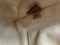 SMALL STRAP WOODY TOTE BAG 26.5 IN BEIGE LINEN CANVAS BLACK WEBBING LOGO EMBROIDER BROWN CALFSKIN