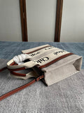 SMALL STRAP WOODY TOTE BAG 26.5 IN BEIGE LINEN CANVAS BLACK WEBBING LOGO EMBROIDER BROWN CALFSKIN
