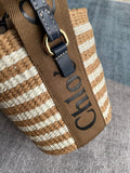 SMALL WOODY BASKET 17 IN BROWN AND WHITE FIBERS BROWN WEBBING BLACK CALFSKIN
