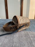 SMALL WOODY BASKET 17 IN BROWN AND WHITE FIBERS BROWN WEBBING BLACK CALFSKIN