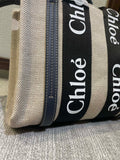 SMALL STRAP WOODY TOTE BAG 26.5 IN BEIGE LINEN CANVAS BLACK WEBBING DARK BLUE CALFSKIN