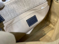 SMALL STRAP WOODY TOTE BAG 26.5 IN BEIGE LINEN CANVAS BLACK WEBBING DARK BLUE CALFSKIN