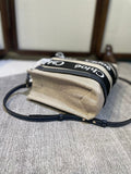 SMALL STRAP WOODY TOTE BAG 26.5 IN BEIGE LINEN CANVAS BLACK WEBBING DARK BLUE CALFSKIN