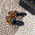 LA 16 HEELED MULES IN TIGER PATTERN RABBIT FUR