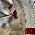 SMALL STRAP WOODY TOTE BAG 26.5 IN BEIGE LINEN CANVAS BLACK WEBBING LOGO EMBROIDER RED CALFSKIN