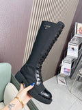LACE-UP KNEE BOOTS IN BLACK DENIM AND SHEEPSKIN LINING