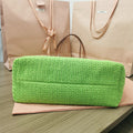 TOTE BAG 40 IN STRIPED PATTERN OF LIGHT GREEN RED AND CREAM WHITE WOVEN RAFFIA