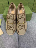 GG HORSEBIT LOAFER IN ECRU BEIGE WOVEN FABRIC AND WOOL MIX LAMB FUR LINING