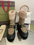 HORSEBIT SNOW ANKLE BOOTS IN ECRU BEIGE MONOGRAM JACQUARD FABRIC MIX BLACK CALFSKIN AND LAMB WOOL LINING