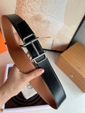 HM ROYAL BELT BUCKLE & REVERSIBLE NOIR AND CIDER ORANGE LEATHER STRAP 32 MM SILVER HARDWARE