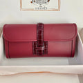 JIGE ELAN 29 CLUTCH IN CHERRY RED CALFSKIN WITH WINE RED LIZARD SKIN