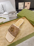 GG EXCLUSIVE SLIDE SANDAL IVORY AND BROWN FABRIC