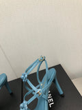 FLORAL HIGH HEEL SANDAL IN SAPPHIRE BLUE LAMBSKIN