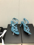 FLORAL HIGH HEEL SANDAL IN SAPPHIRE BLUE LAMBSKIN