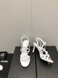 FLORAL HIGH HEEL SANDAL IN WHITE LAMBSKIN