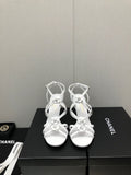 FLORAL HIGH HEEL SANDAL IN WHITE LAMBSKIN