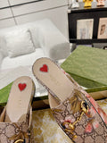 HORSEBIT FLOWER SLIPPER MULE IN DARK BEIGE MONOGRAM JACQUARD FABRIC
