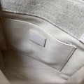 SMALL WOODY TOTE BAG 26.5 IN BEIGE LINEN CANVAS WEBBING LOGO EMBROIDER COTTON WHITE CALFSKIN