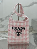 SMALL TOTE BAG 29 IN PINK MIX WHITE AND BLACK WOVEN RAFFIA