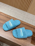 FURRY SLIDES IN SKY BLUE CURLY SHEARLING