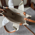 SMALL WOODY TOTE BAG 26.5 IN BEIGE LINEN CANVAS WEBBING LOGO EMBROIDERY BROWN CALFSKIN