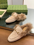 HORSEBIT MULE IN TAN BROWN SUEDE AND LAMB WOOL LINING
