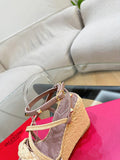 GARAVANI ROCKSTUD WEDGE SANDALS IN ROSY BROWN CALFSKIN AND BEIGE RAFFIA