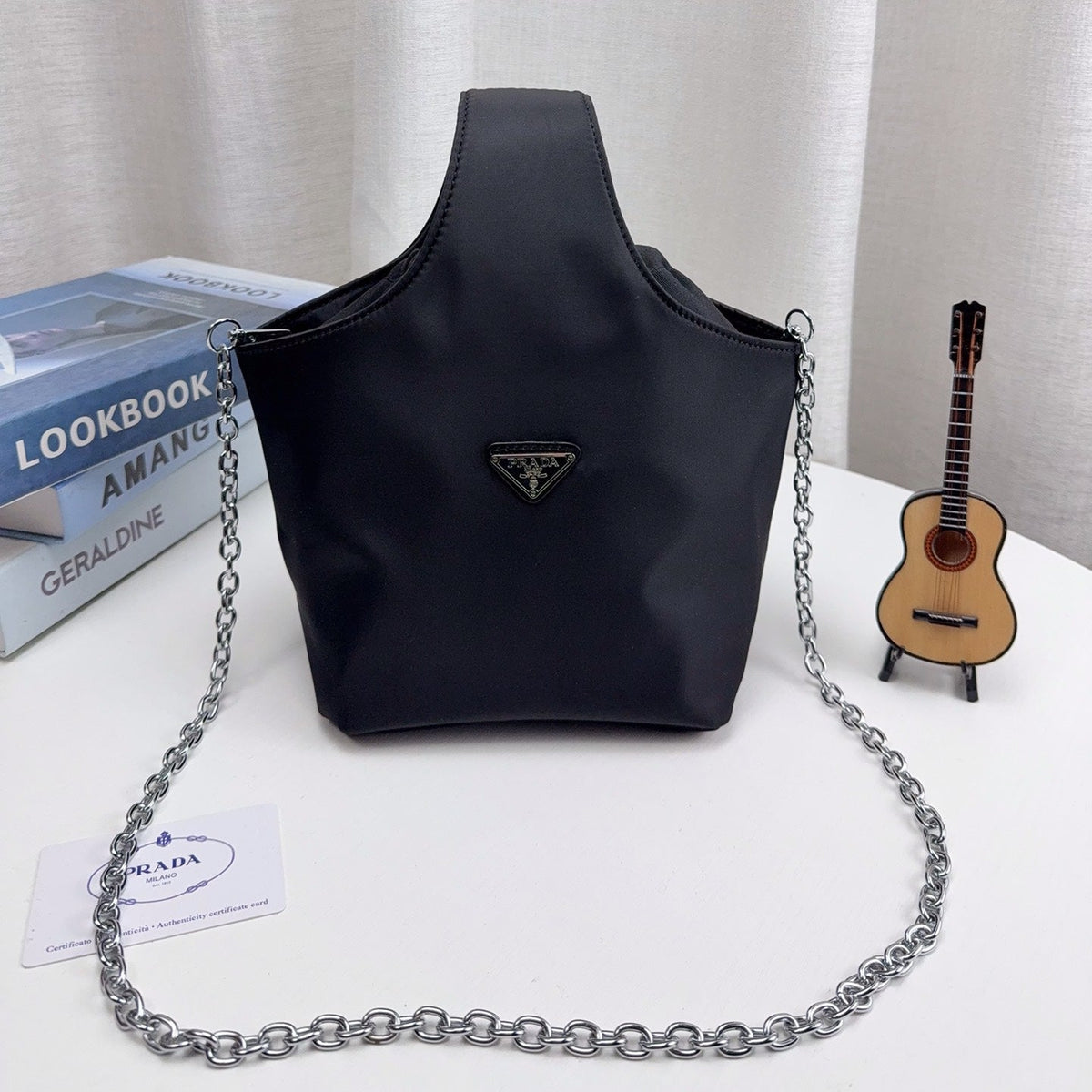 DRAWSTRING BUCKET BAG 20 IN BLACK RE-NYLON SILVER CHAIN