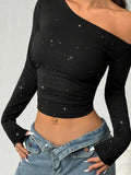 Glitter One-Shoulder Long Sleeve Crop T-Shirt