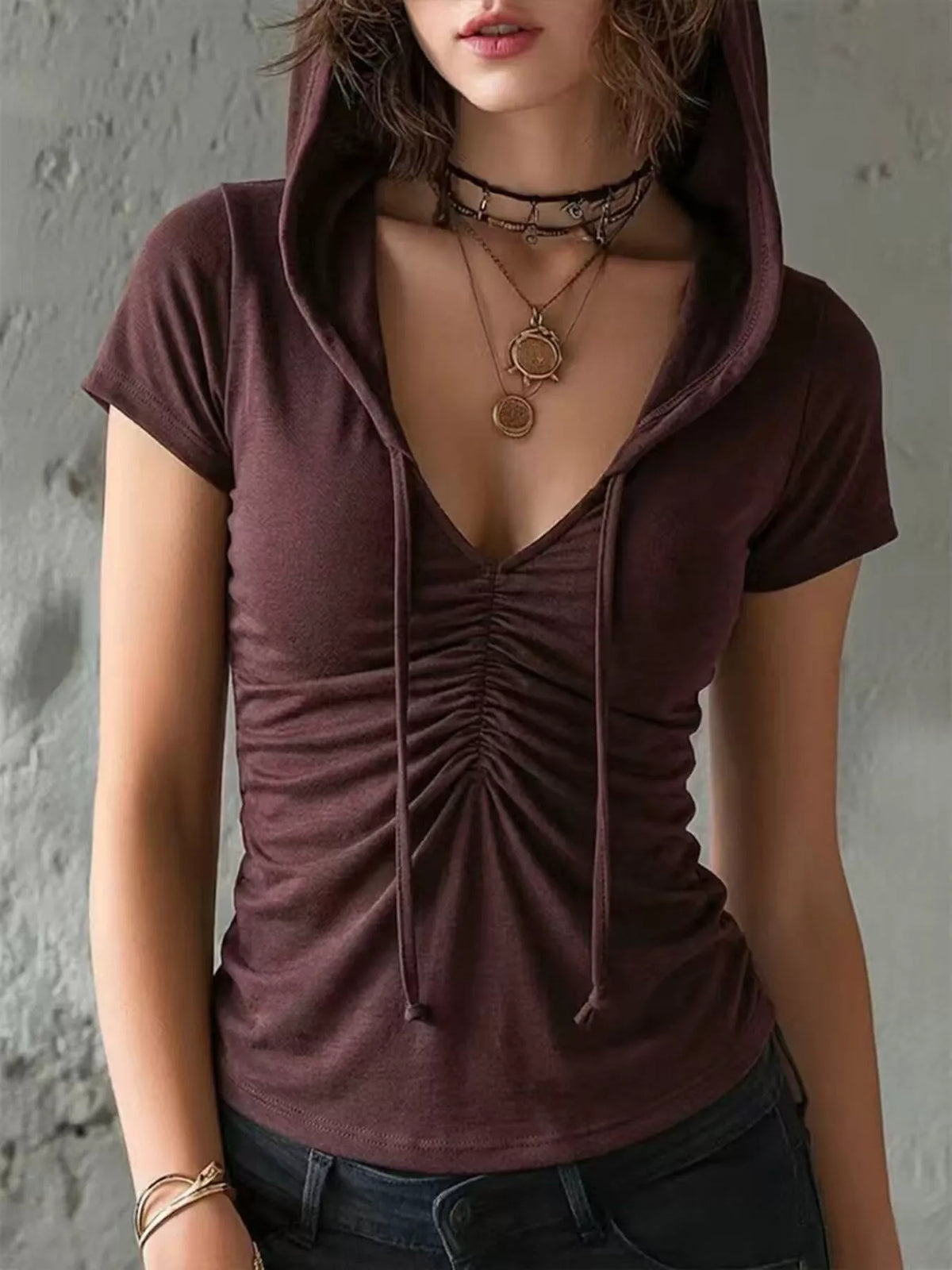 Ruched Short Sleeve Hooded T-Shirt