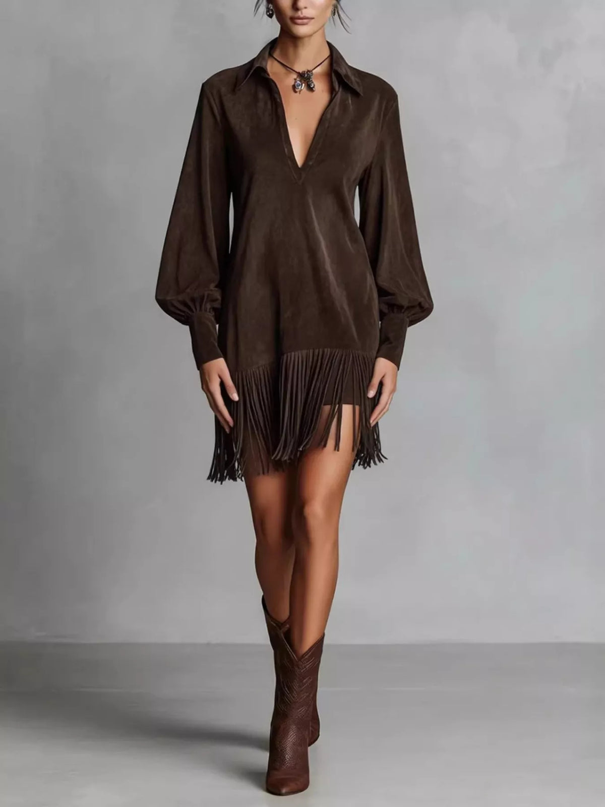 Fringed Lantern Sleeve Dress