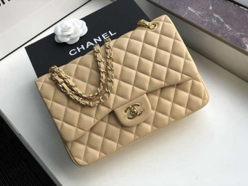 Chanel Classic Double Flap 30 Shoulder Bag Beige Golden Hardware