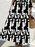 One-Shoulder Geometric Print Maxi Dress with Waist Tie