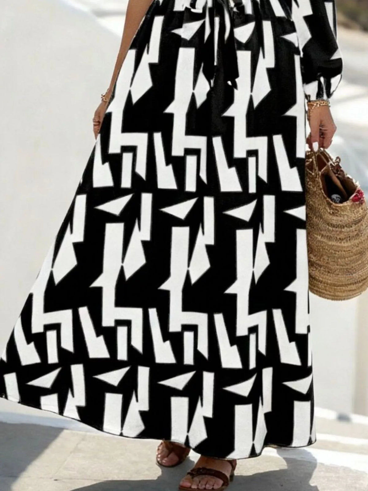 One-Shoulder Geometric Print Maxi Dress with Waist Tie