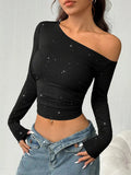 Glitter One-Shoulder Long Sleeve Crop T-Shirt