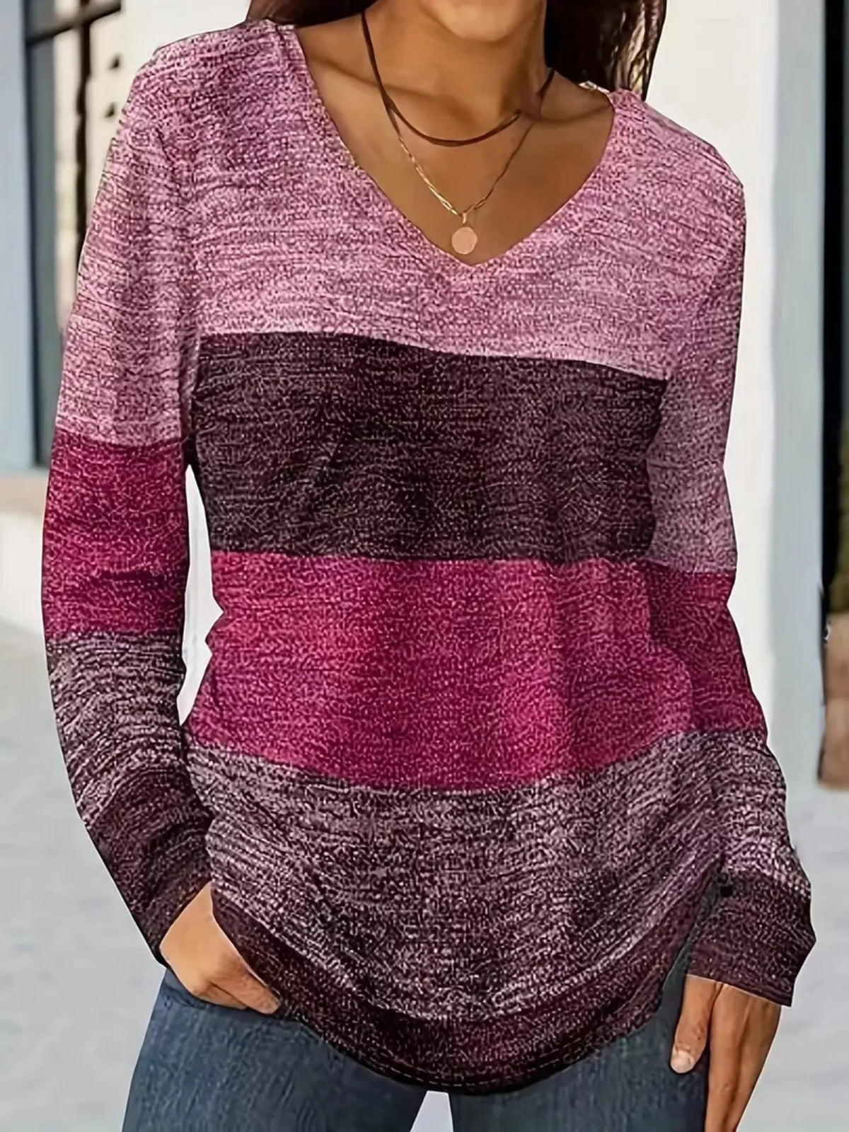V-Neck Color Block Long Sleeve Casual T-Shirt