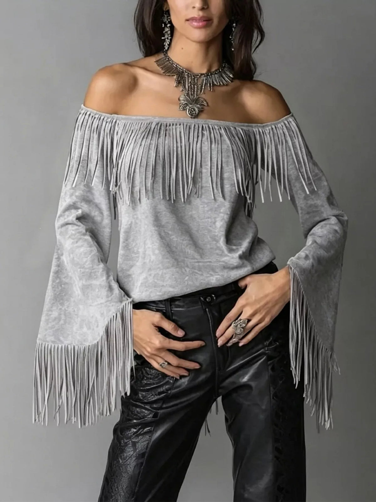 Full Size Fringed Off-Shoulder Flare Sleeve Top Plus Size