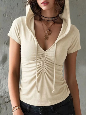 Ruched Short Sleeve Hooded T-Shirt
