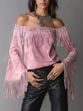 Full Size Fringed Off-Shoulder Flare Sleeve Top Plus Size