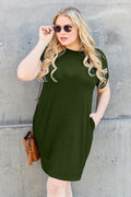 Basic Bae Full Size Solid Round Neck Short Sleeve Casual Loose Mini T-Shirt Dress with Side Pockets