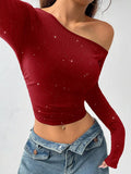 Glitter One-Shoulder Long Sleeve Crop T-Shirt