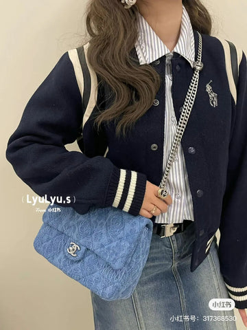 Chanel Heart Flower Patterns Casual Style Denim Blue Purse