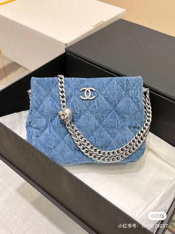 Chanel Heart Flower Patterns Casual Style Denim Blue Bag