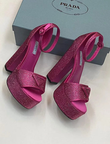 Prada Designer Classic Triangle Buckle Womens High Heeled Dress Shoes